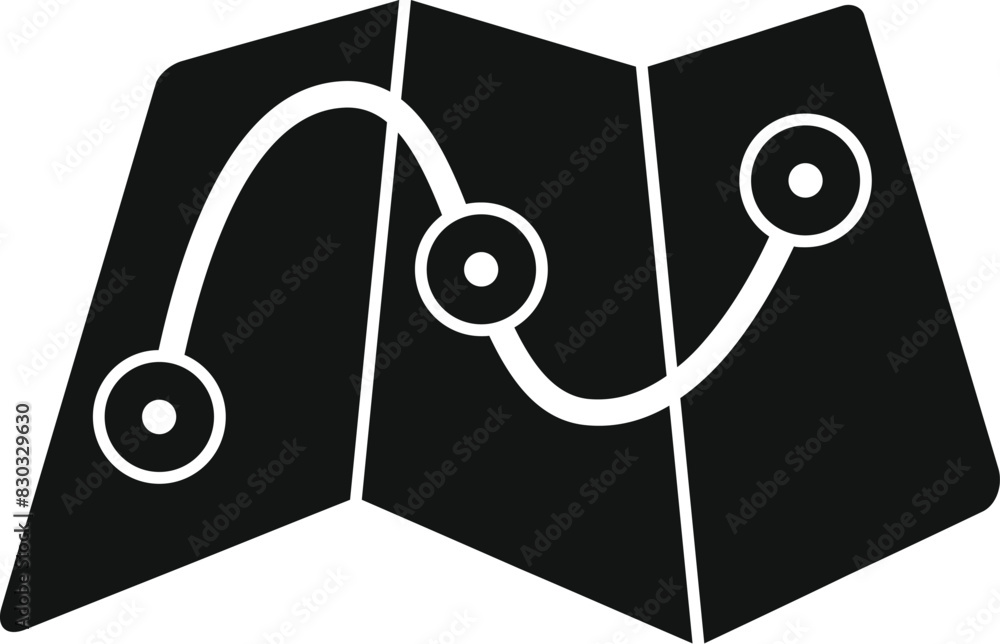 Poster simple, stylized black and white vector image of a folded road map with a route marked