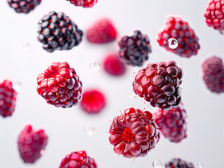 photography of BLACKBERRIES falling from the sky, hyperpop colour scheme. glossy, white background. Raspberry, blueberry and blackberry.