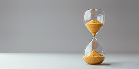 Sand passing in hourglass, countdown running time, deadline on empty grey background copy space