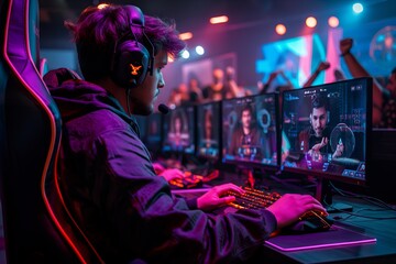 Focused gamer playing at a computer setup