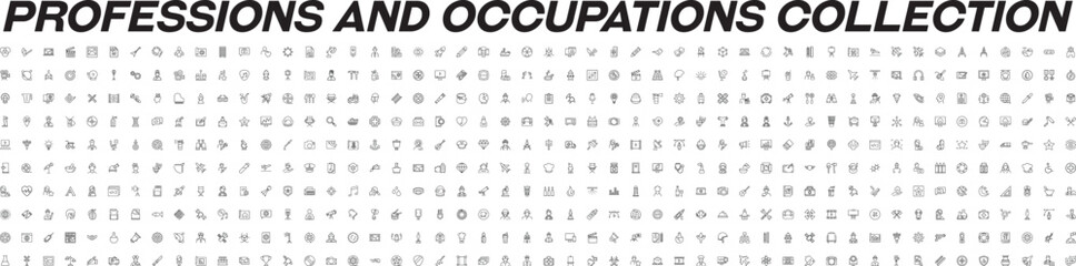 Collection of Icons of Occupation and Profession. Suitable for books, stores, shops. Editable stroke in minimalistic outline style. Symbol for design