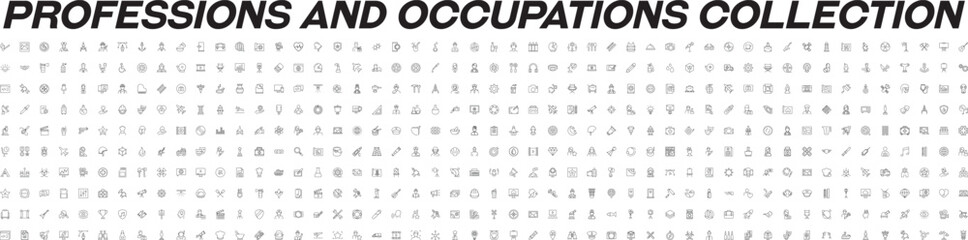 Collection of Icons of Occupation and Profession for Shops and Stores. Suitable for books, stores, shops. Editable stroke in minimalistic outline style. Symbol for design