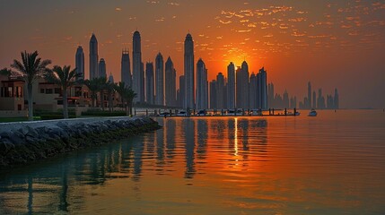 Fototapeta premium Golden sunset casts a radiant glow on the majestic city skyline with towering skyscrapers