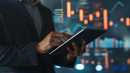 Businessman using tablet with financial graphs and data analytics display in the background

