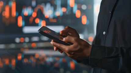 Businessman using tablet with financial graphs and data analytics display in the background

