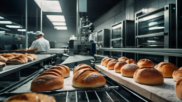 Automatic bakery production line with bread in bakery