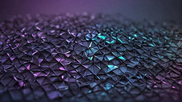 Textured surface composed of numerous small, triangular and polygon facets in shades of purple. abstract background