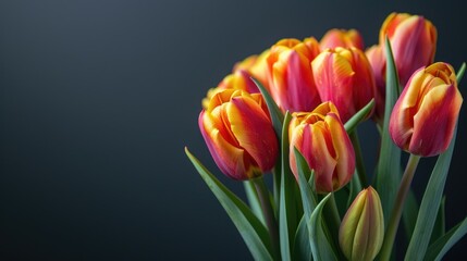 Obraz premium Red and yellow tulips closely gathered on a dark backdrop for a festive bouquet on a spring themed postcard or calendar