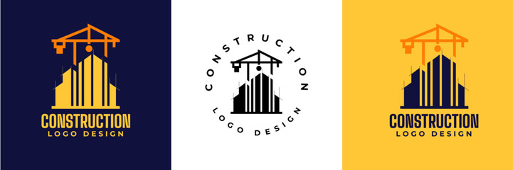 Construction logo design. Crane and Building logo for construction company.  Modern luxury building construction logo. Real Estate Vector Logo Design 