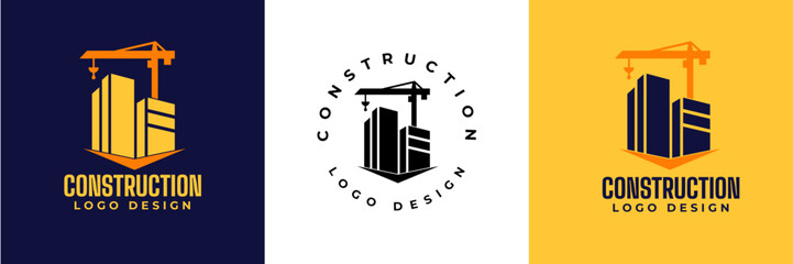 Construction logo design. Crane and Building logo for construction company.  Modern luxury building construction logo. Real Estate Vector Logo Design 