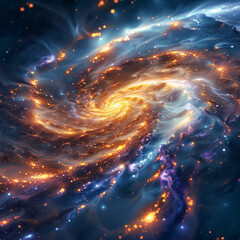 Obraz premium A spiral galaxy with a blue background and orange and yellow stars. The galaxy is filled with a lot of stars and the colors are bright and vibrant. The galaxy is a beautiful