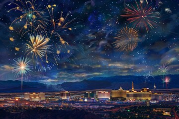 Vibrant Las Vegas skyline with dazzling fireworks display over the city at night.