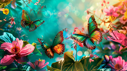 A spring scene with blooming flowers and butterflies