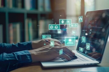  Dynamic tech workspace with hands typing on a laptop amidst digital icons and data overlays.