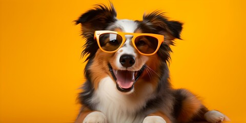 Happy Border Collie Puppy Wearing Birthday Glasses Smiling on Isolated Background. Concept Pet Photography, Puppy Portraits, Birthday Theme, Isolated Backgrounds, Adorable Expressions