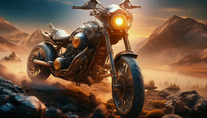 A Motorcycle parked on a hill in a desolate landscape 