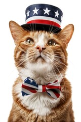 Patriotic cat with American flag hat and bow tie, festive and national themes, vibrant and eye-catching.