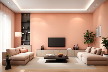 Living Room in Trendy Peach Fuzz Color for 2024, Pastel Wall Accent with Ivory Shades and Creamy White Luxury Furniture