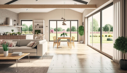 Fototapeta premium Beautiful interior of a modern villa, view from veranda