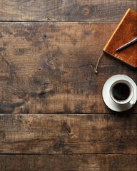 Notebook and coffee on a rustic wooden table