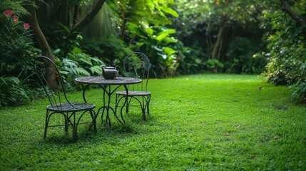 Obraz premium Teapot on a vintage table in a lush garden