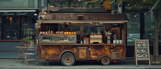 Amidst the hustle of a busy city street, a quaint coffee cart offers refuge with its selection of vintage brewing equipment
