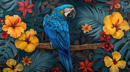 Blue Macaw Surrounded by Flowers and Foliage