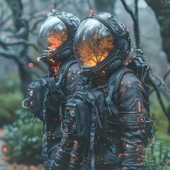 Two astronauts in space suits are standing next to a tree. The scene is set in a city at night, with a street lamp in the background. Scene is futuristic and mysterious