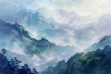 majestic mystic mountains shrouded in swirling mist and fog on a tranquil summer day digital painting