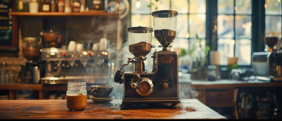 Amongst the steam and aroma of freshly brewed coffee, a retro grinder stands sentinel, its cast iron frame a testament to timeless craftsmanship.