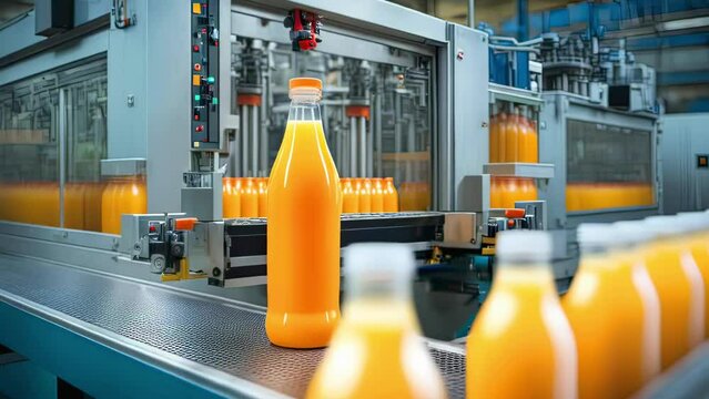 Orange Juice Bottles on Conveyor Belt in Modern Factory. Background Video. Production Concept. Food & beverage industry, supply chain management, logistics, process improvement
