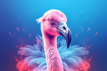 Portrait of a flamingo on a neon blue pink background. Emotive portrait. Looking at the camera