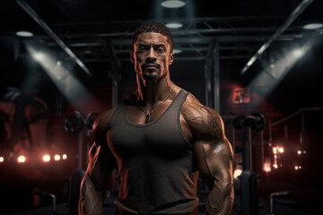Handsome male fitness model wearing tank top in dark ambient lighting and shadows