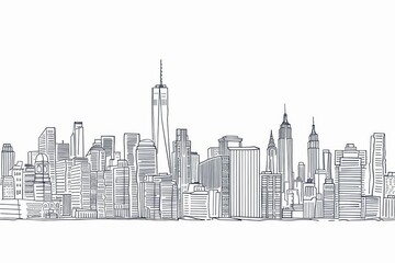 Modern cityscape continuous one line vector drawing. Metropolis architecture panoramic landscape. New York skyscrapers hand drawn silhouette. Apartment buildings isolated minimalistic illustration 