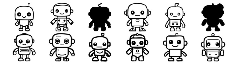 Robot silhouettes set, pack of vector silhouette design, isolated background