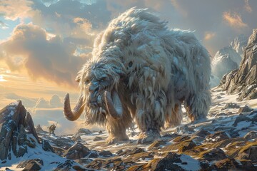 Rising Mythical Giant on Rocky Terrain: Dawn Encounter