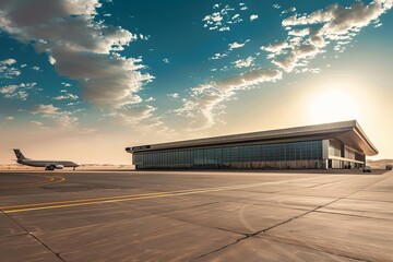 modern airport terminal with plane on runway in sunny desert landscape