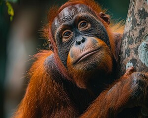 Fototapeta premium A closeup portrait of an orangutan with a thoughtful expression, resting in the crook of a tree in the dense rainforest