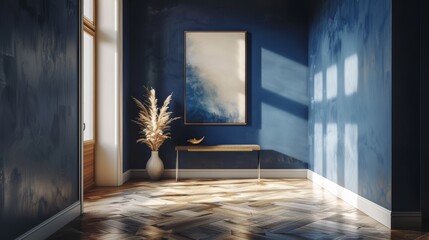 A minimalist corridor with a long, narrow console, a solitary art piece and walls in a deep navy blue. 