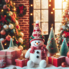 Obraz premium Christmas trees and snow man, beautiful Christmas concept