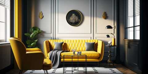 Beautiful Modern art deco interior design of apartment, living room with yellow sofa