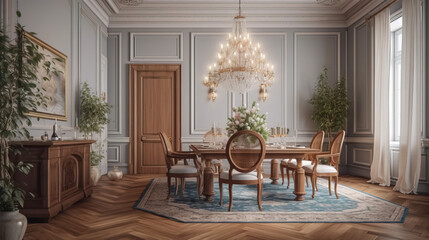 Classically-styled formal dining room with a large chandelier