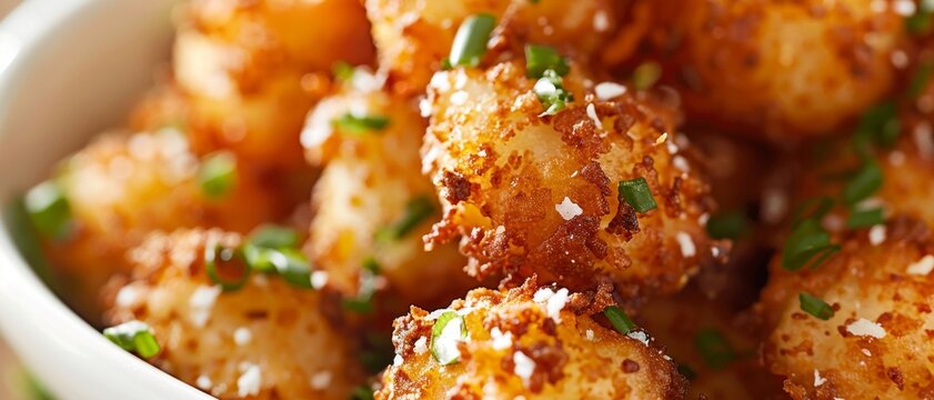 A tater tots close up, food design, dynamic, dramatic compositions, with copy space.