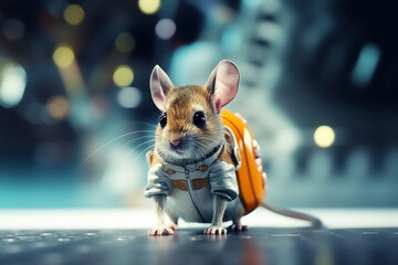 Mouse astronaut in a space suit. Mouse with black eyes, nice, sweet animal, small nose. Colorful. Photo realistic, concept art, cinematic light