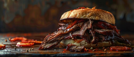 A texas brisket sandwich close up, food design, dynamic, dramatic compositions, with copy space. 