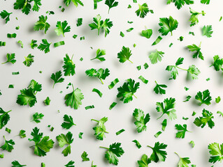 Fototapeta premium photography of CILANTRO falling from the sky, hyperpop colour scheme. glossy, white background Parsley isolated on white background, clipping path, full depth of field
