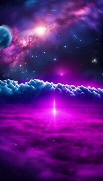 Cosmic fantasy landscape with nebulas, clouds, galaxies and mountains, colorful vertical backgrounds