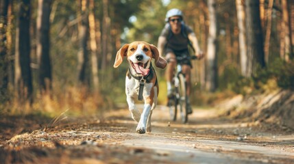A beagle dog runs along a forest path ahead of a cyclist. Photography conveys a sense of freedom, activity and joy from walking together in the fresh air