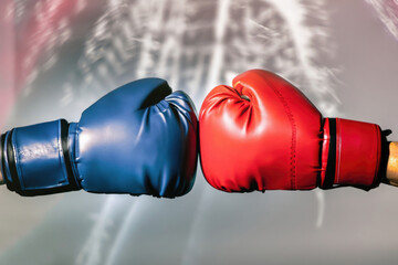red boxing gloves, gloves of boxers, two challenging athletes
