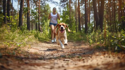 Photo of a beagle sports workout in nature and a female hostess running in the background. A warm and joyful atmosphere
